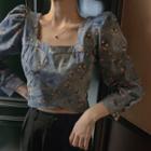 Puff-sleeve Floral Print Blouse Floral - Blue - One Size