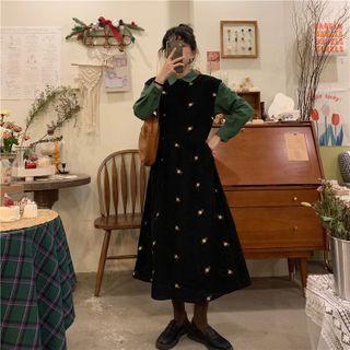 Plain Shirt / Floral Embroidered Midi A-line Corduroy Overall Dress