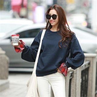 Plaid Layered-sleeve Brushed-fleece Lined Sweatshirt