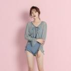 Long-sleeve Cover-up / Spaghetti Strap Swimsuit / Waterproof Pouch / Set