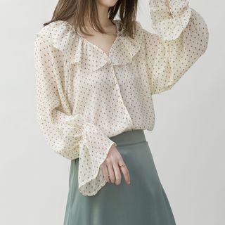 Dotted Long-sleeve Chiffon Blouse Beige Almond - One Size