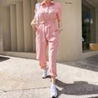 Puff-sleeve Belted Jumpsuit Pink - One Size