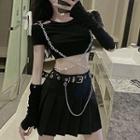 Cold-shoulder Chained T-shirt / Pleated A-line Skirt / Arm Sleeves / Belt / Set