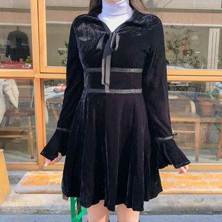 Tie-neck Velvet A-line Dress Black - One Size