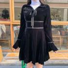 Tie-neck Velvet A-line Dress Black - One Size