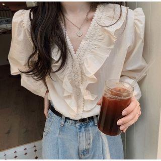 Long-sleeve Ruffle Trim Blouse Almond - One Size