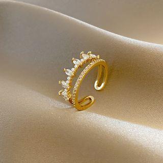 Rhinestone Layered Alloy Open Ring J474 - Gold - One Size