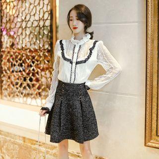 Set: Long-sleeve Tie-neck Lace Skirt + Buttoned A-line Skirt