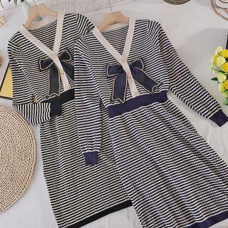 V-neck Bow Striped Long-sleeve Knit Dress