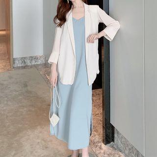 Spaghetti Strap Midi Shift Dress / Light Blazer