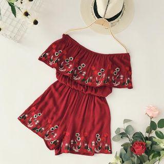 Short-sleeve Floral Embroidery Playsuit
