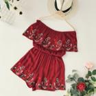 Short-sleeve Floral Embroidery Playsuit