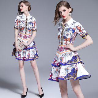 Short-sleeve Printed A-line Mini Tiered Dress