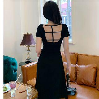 Cutout Back Short-sleeve A-line Dress Black - One Size
