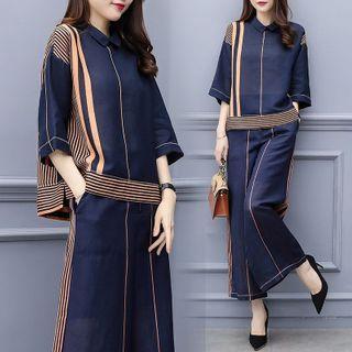 Set: 3/4-sleeve Striped Blouse + Wide Leg Pants