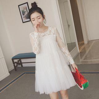 Lace Panel Long-sleeve Tiered Dress