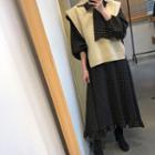 Knit Vest / 3/4-sleeve Pattern Midi Dress