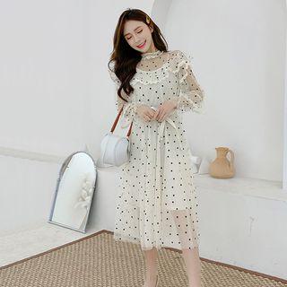 Set: Spaghetti Strap Dress + Bell-sleeve Midi A-line Dotted Mesh Dress