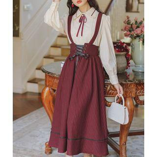 Set: Lace Trim Shirt + Striped Lace Up Midi Overall Dress