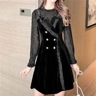 Long-sleeve Glitter Mesh Velvet Mini A-line Dress