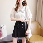 Set: Short-sleeve Contrast Trim Blouse + Pleated Mini A-line Skirt
