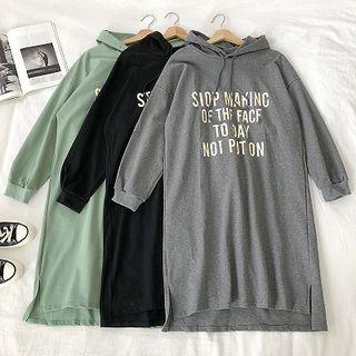Lettering Print Hooded Long-sleeve Long-sleeve Dress