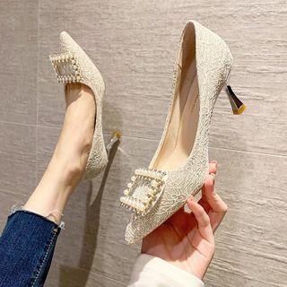 Pointed Faux Pearl Flared Heel Lace Pumps