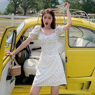 Square Neck Floral Print Puff Sleeve A-line Dress