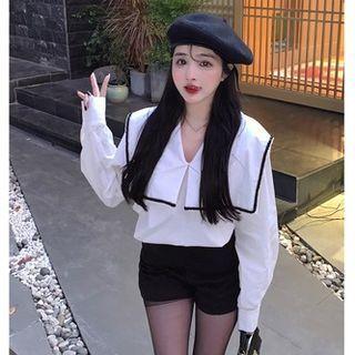 Long-sleeve Sailor Collar Blouse / Plain Shorts