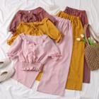 Set: Ruffled V-neck Top + Wide-leg Pants