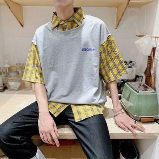 Mock Two-piece Plaid Panel Elbow-sleeve Shirt