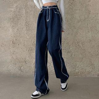 High-waist Contrast Trim Denim Wide-leg Pants