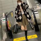 V-neck Argyle Cardigan / Set: V-neck Argyle Cardigan + Pleated Mini Skirt