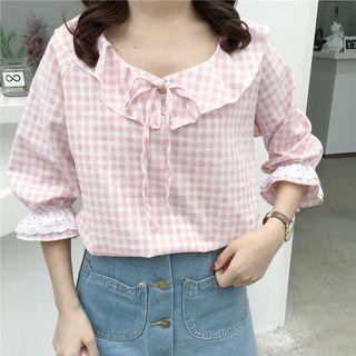 Plaid Ruffle Trim Elbow Sleeve Blouse
