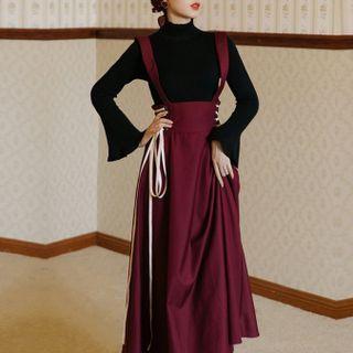 Flared-sleeve Sweater / Lace Up Midi Overall Dress / Set
