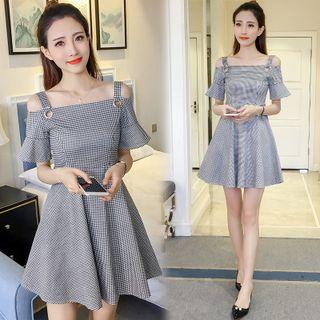 Plaid Off Shoulder A-line Dress