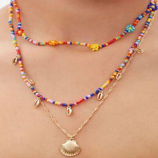 Shell Pendant Layered Bead Necklace Nl275 - Red & Yellow & Blue - One Size