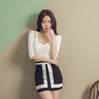 Plunge-neck Elbow-sleeve Slim-fit Top