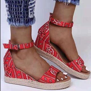 Paisley Print Wedge Ankle Strap Sandals