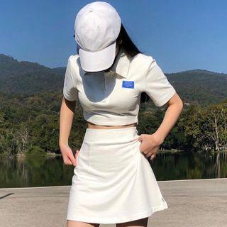 Set: Short-sleeve Plain Cropped Polo Shirt + Side-slit Mini Skirt