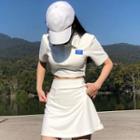 Set: Short-sleeve Plain Cropped Polo Shirt + Side-slit Mini Skirt