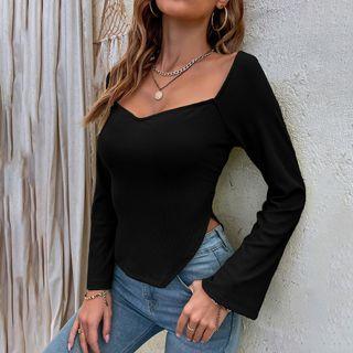Long-sleeve Square Neck Slit Cropped T-shirt