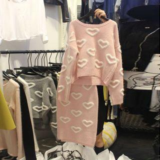 Set: Heart Detail Sweater + Straight-fit Skirt