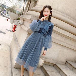 Balloon-sleeve Lace Trim Midi A-line Mesh Dress
