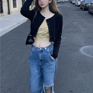 Plain Cropped Cardigan / Halter-neck Camisole Top