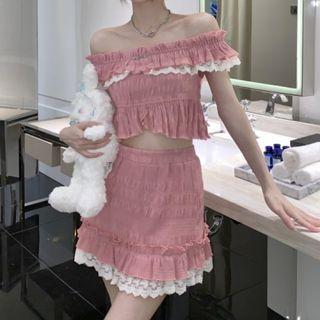 Off-shoulder Ruffle Lace Trim Crop Top / Mini Pencil Skirt