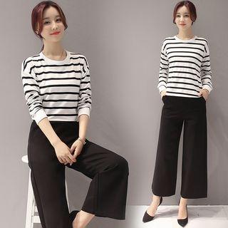 Set : Stripe Long-sleeve T-shirt + Wide Leg Pants