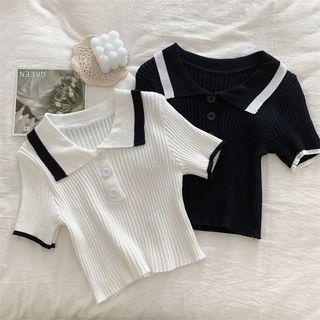 Short-sleeve Lapel Contrast Trim Knit Top