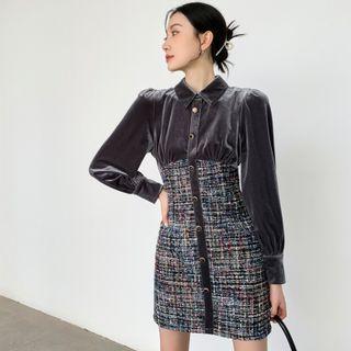 Tweed Panel Velvet Mini Sheath Shirtdress