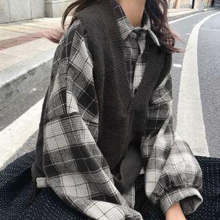 Plaid Shirt / Button-up Sweater Vest / Set